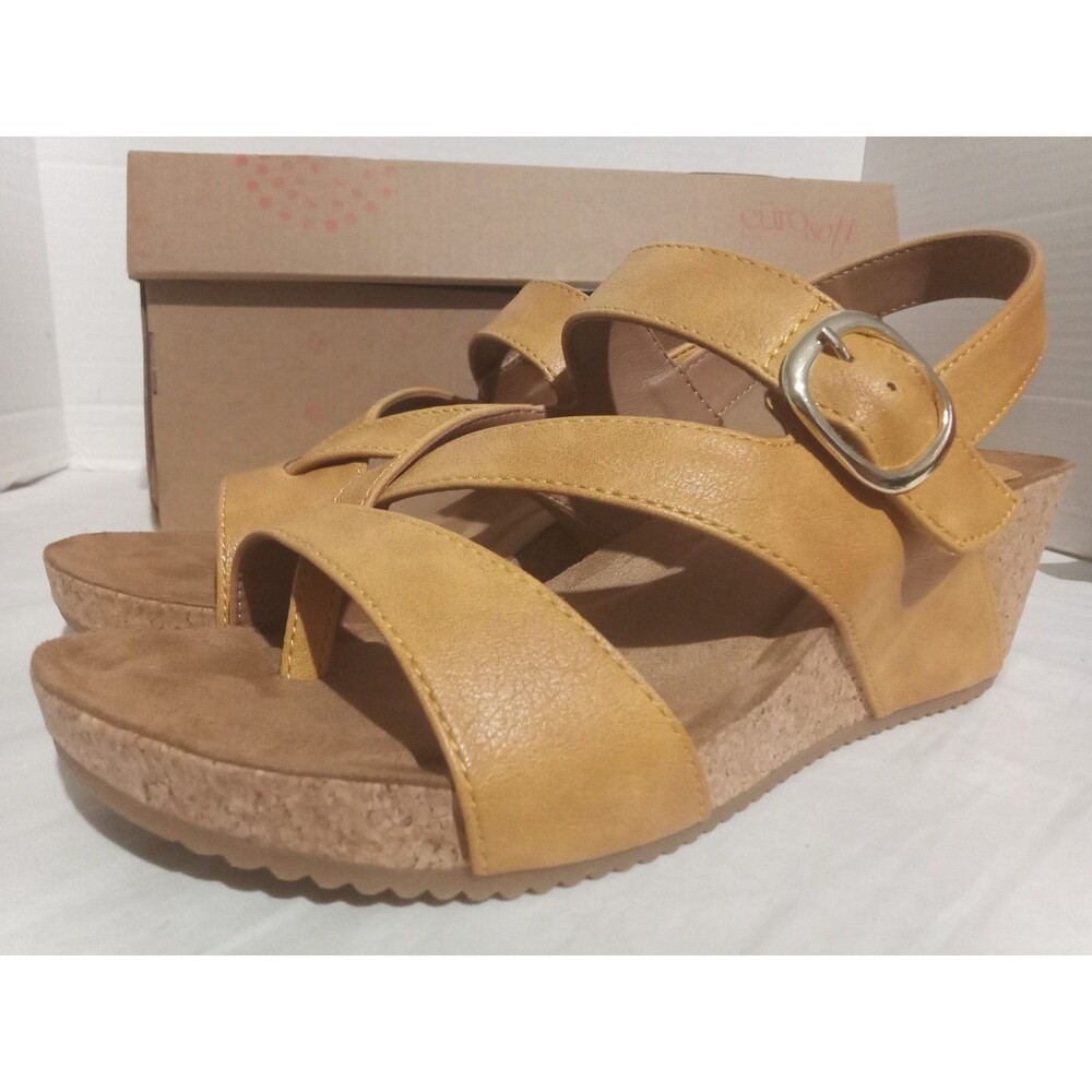Eurosoft Sandal Slingback Women's Size 8 Everlyn Cork Wedge  Adjustable Tan